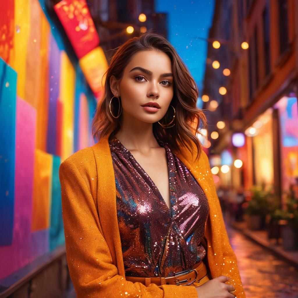 An elegant model in a dynamic pose radiating positivity, surrounded by a vibrant cityscape reflecting an array of colors. Include elements like a camera and a mood board beside her, symbolizing creativity. Showcase playful lighting with soft sparkles and a warm color palette. The background should blend contemporary fashion elements with a dreamy atmosphere. super-realistic. vibrant colors. 3D.