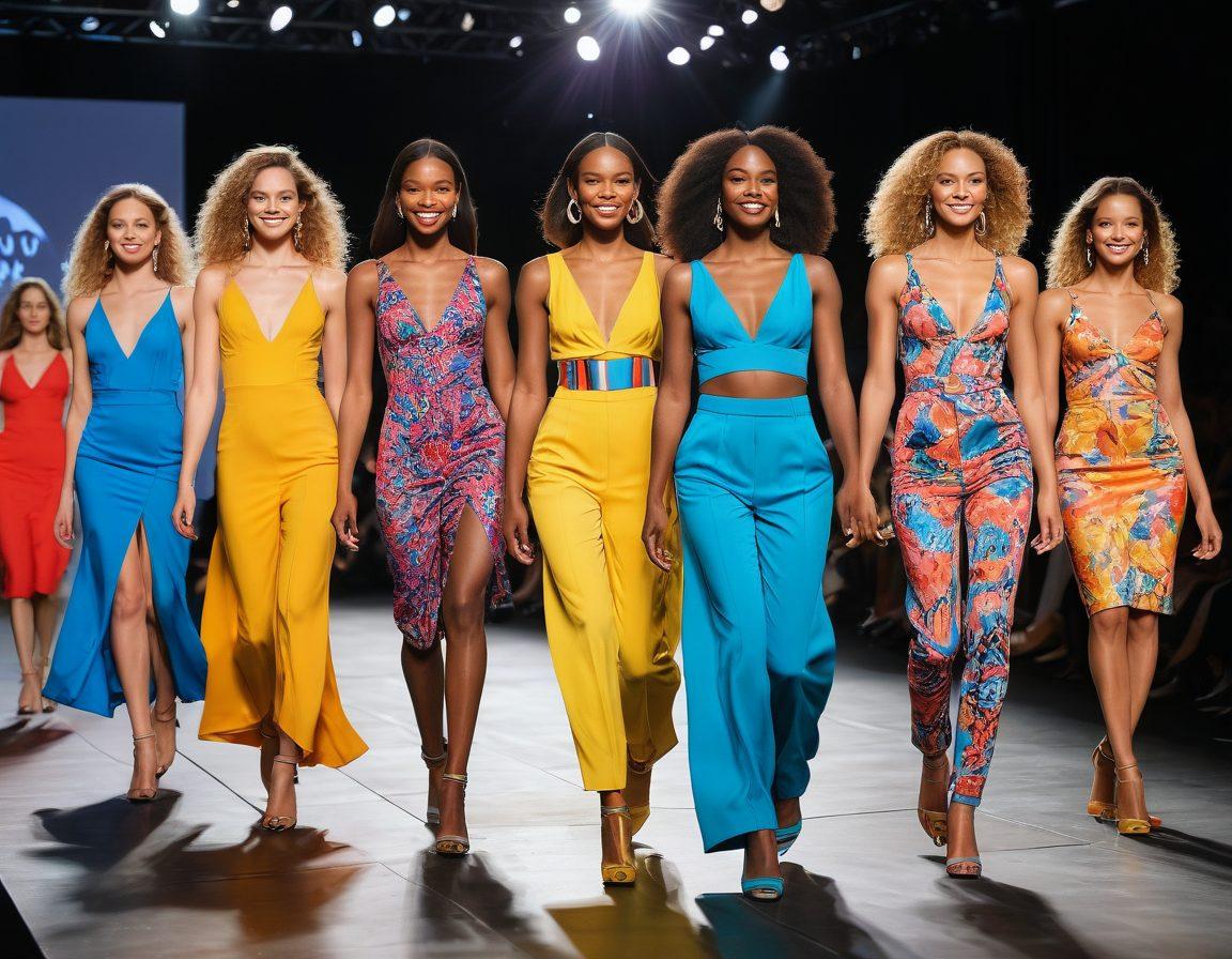 A diverse group of joyful models in vibrant outfits strutting down a colorful runway, showcasing various fashion styles. The atmosphere is filled with bright lights and an audience clapping in admiration. Include elements of confidence and creativity, with playful poses and candid smiles. The backdrop features artistic fashion graphics, enhancing the theme of elevation and joy in careers. super-realistic. vibrant colors. dynamic composition.