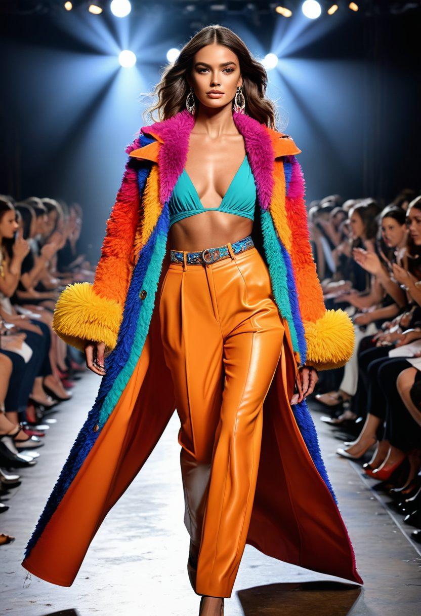 A dynamic scene depicting a cheerful model confidently strutting down a fashion runway, with colorful spotlights illuminating her vibrant outfit. Surrounding her are auditions taking place, with aspiring models in varied stylish ensembles, exuding energy and determination. The background features a bustling backstage area filled with fashion designers and makeup artists, creating a lively atmosphere of excitement and creativity. Illustrate this in a blend of realism and artistic flair. super-realistic. vibrant colors. 3D.